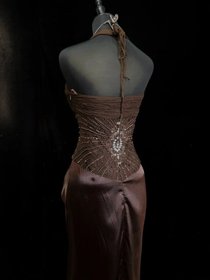 Beautiful Prom Dresses Inspo Mermaid Halter Satin With Beaded Chocolate Women Formal Dress N3194
