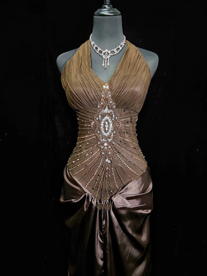Beautiful Prom Dresses Inspo Mermaid Halter Satin With Beaded Chocolate Women Formal Dress N3194