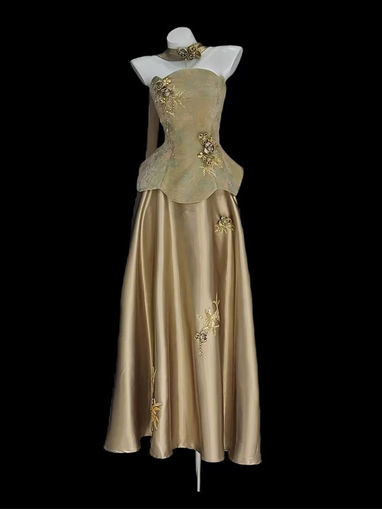 Classy A Line Strapless Gold Satin 80s Sleeveless Long Party Gowns Prom Dresses N2024