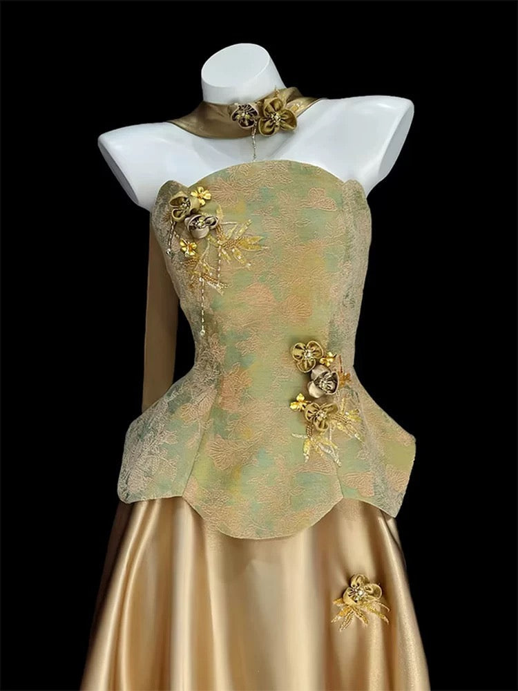 Classy A Line Strapless Gold Satin 80s Sleeveless Long Party Gowns Prom Dresses N2024
