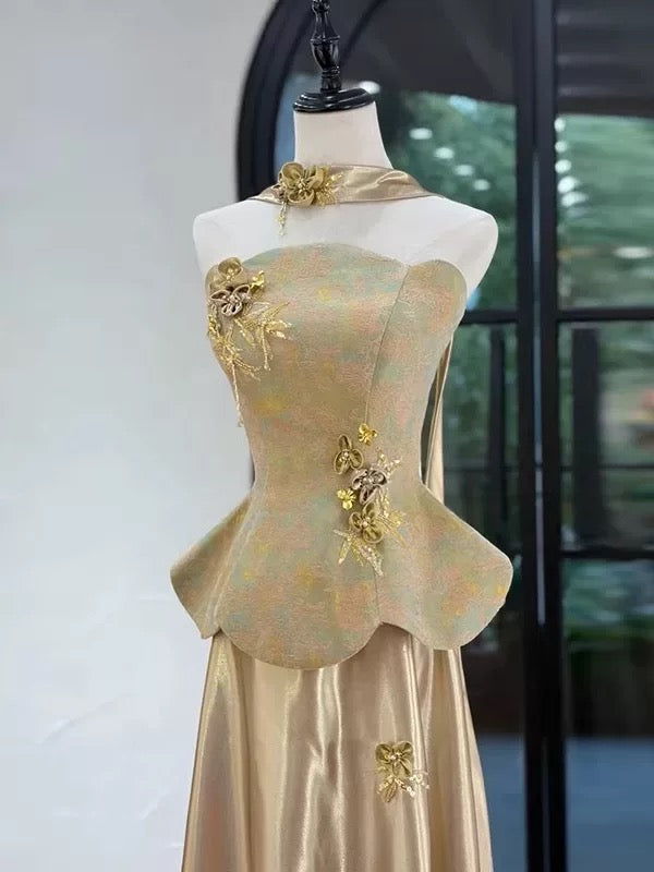 Classy A Line Strapless Gold Satin 80s Sleeveless Long Party Gowns Prom Dresses N2024