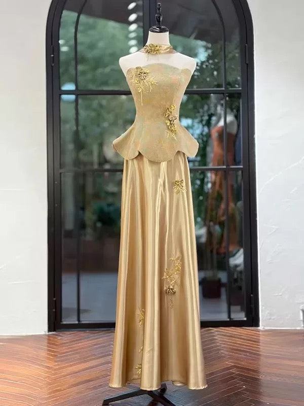 Classy A Line Strapless Gold Satin 80s Sleeveless Long Party Gowns Prom Dresses N2024