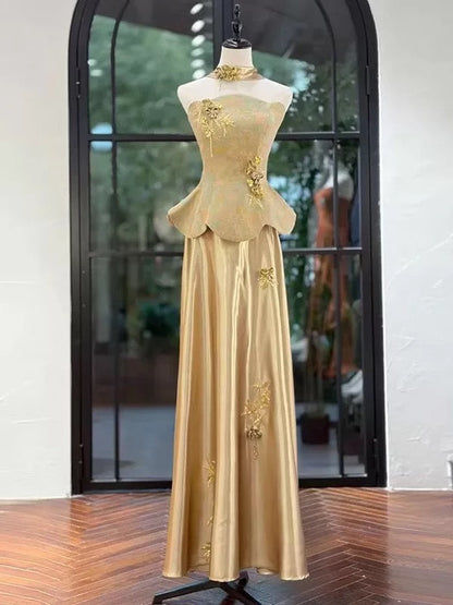 Classy A Line Strapless Gold Satin 80s Sleeveless Long Party Gowns Prom Dresses N2024