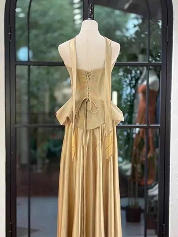 Classy A Line Strapless Gold Satin 80s Sleeveless Long Party Gowns Prom Dresses N2024