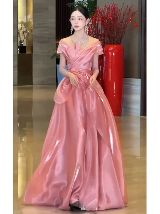 Classy A Line Off The Shoulder Pink With Short Sleeves Long Party Gowns Prom Dresses N2025