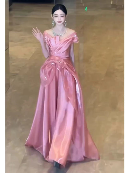 Classy A Line Off The Shoulder Pink With Short Sleeves Long Party Gowns Prom Dresses N2025