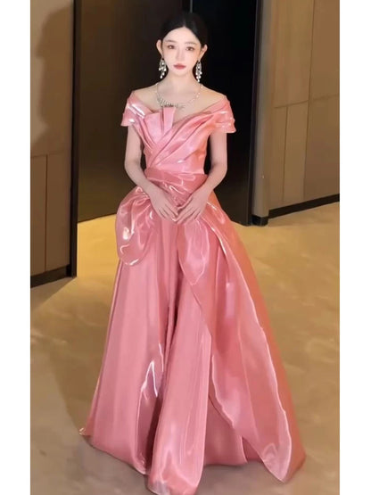 Classy A Line Off The Shoulder Pink With Short Sleeves Long Party Gowns Prom Dresses N2025