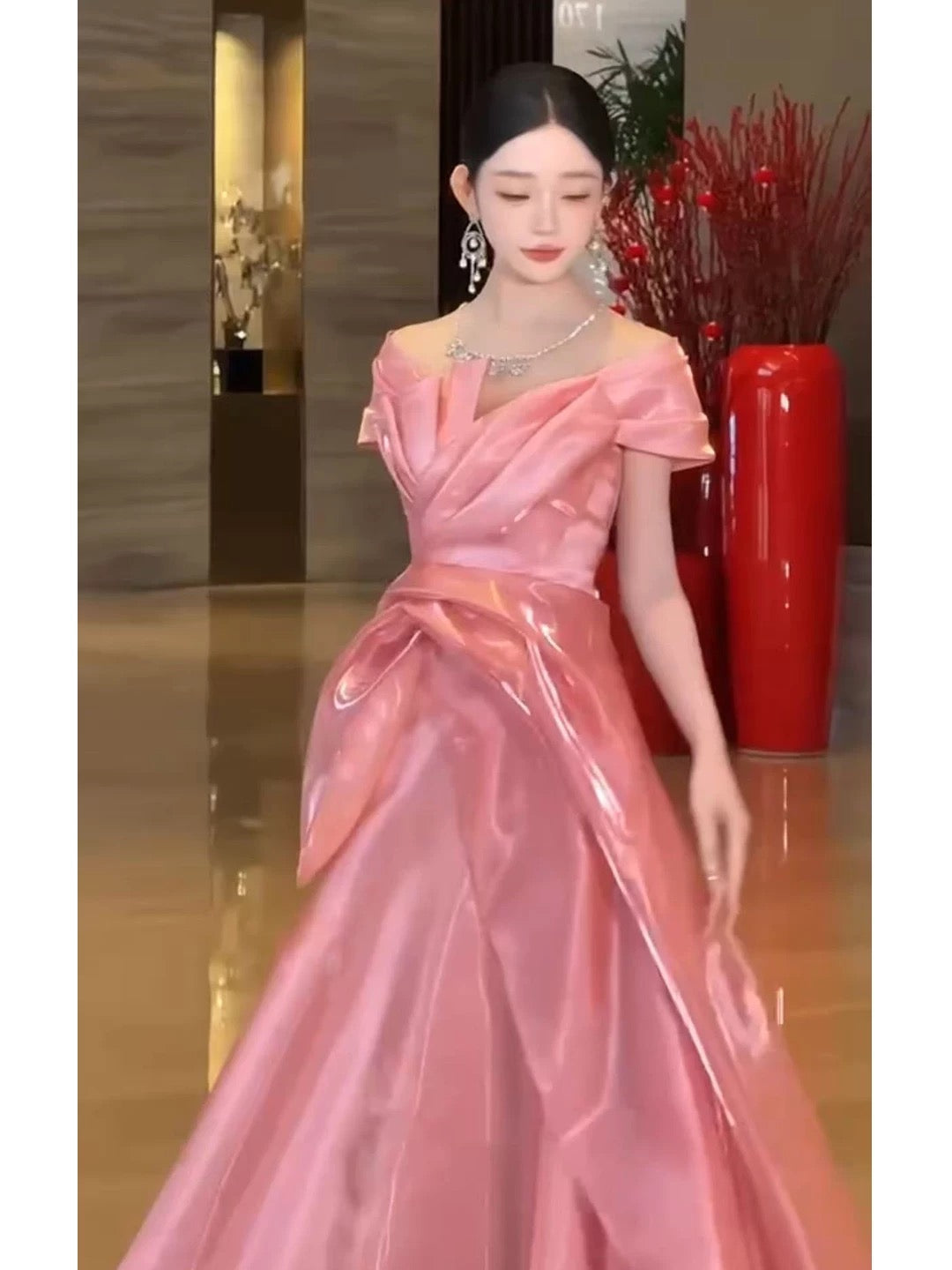 Classy A Line Off The Shoulder Pink With Short Sleeves Long Party Gowns Prom Dresses N2025