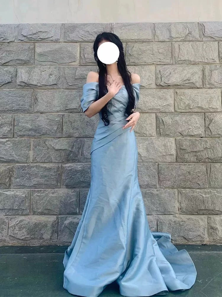 Classy Mermaid Off The Shoulder Light Sky Blue Satin Long Party Gowns Prom Dresses N2030