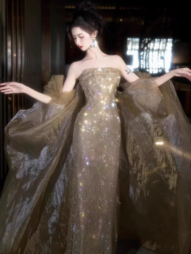 Classy Mermaid Strapless Champagne Sequins With Cape Long Party Gowns Prom Dresses N2031