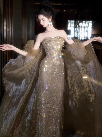 Classy Mermaid Strapless Champagne Sequins With Cape Long Party Gowns Prom Dresses N2031