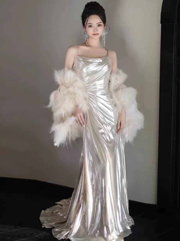 Classy Mermaid Spaghetti Straps With Ruffles Long Party Gowns Prom Dresses N2033