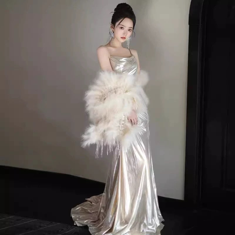 Classy Mermaid Spaghetti Straps With Ruffles Long Party Gowns Prom Dresses N2033