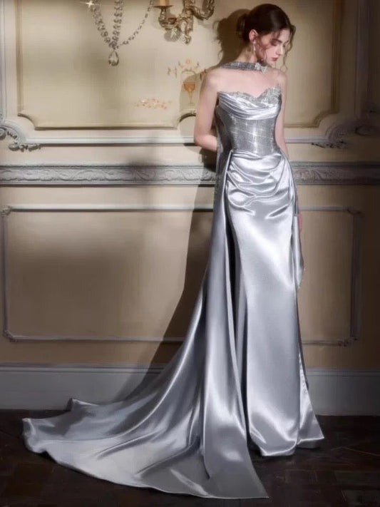 Classy Mermaid Sweetheart Silver Grey With Ruffles Long Party Gowns Prom Dresses N2034