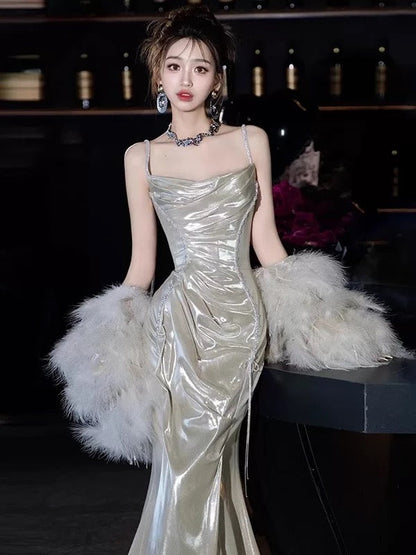Sexy Women Mermaid Spaghetti Straps Silver Long Prom Gown Party Wear Fashion Dresses N1818