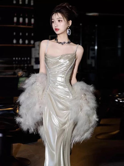 Sexy Women Mermaid Spaghetti Straps Silver Long Prom Gown Party Wear Fashion Dresses N1818