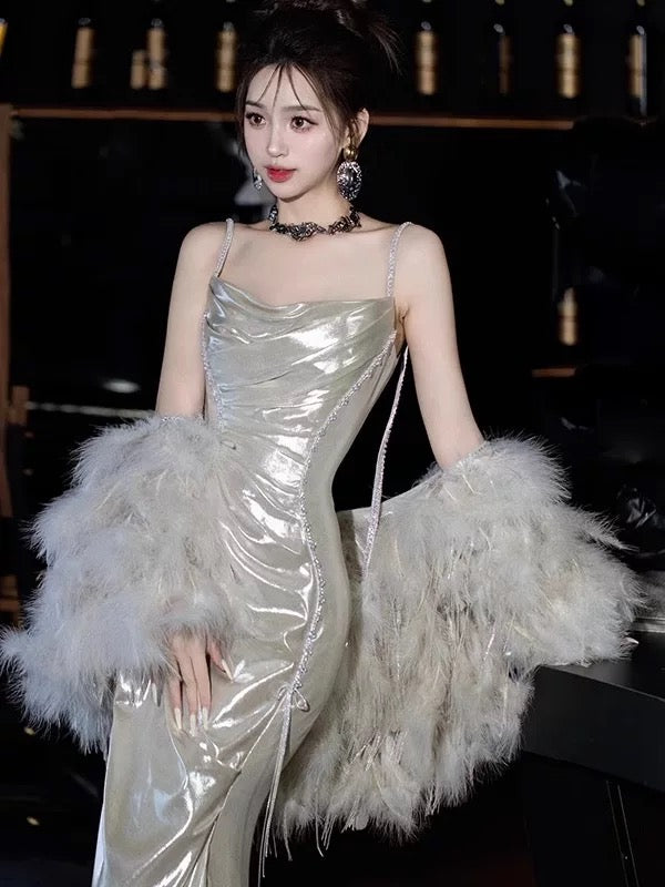Sexy Women Mermaid Spaghetti Straps Silver Long Prom Gown Party Wear Fashion Dresses N1818