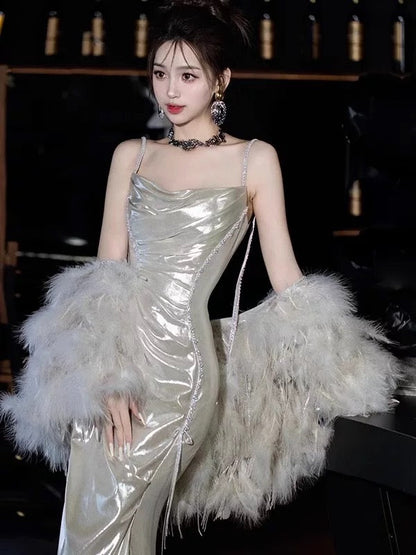 Sexy Women Mermaid Spaghetti Straps Silver Long Prom Gown Party Wear Fashion Dresses N1818