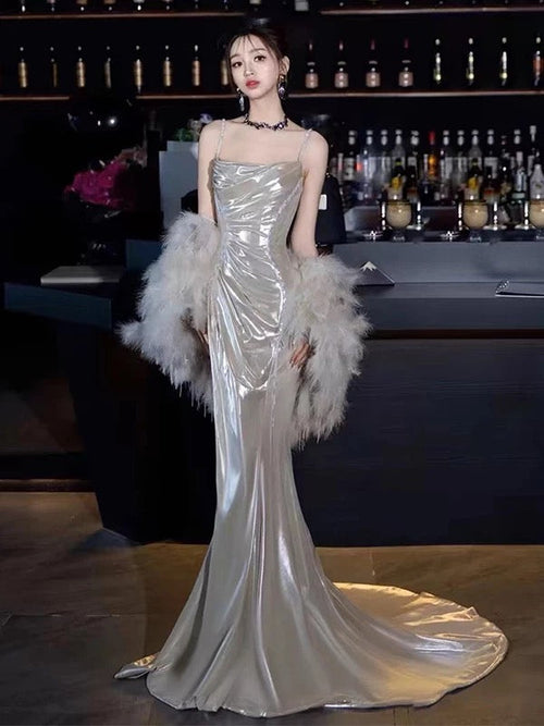 Sexy Women Mermaid Spaghetti Straps Silver Long Prom Gown Party Wear Fashion Dresses N1818