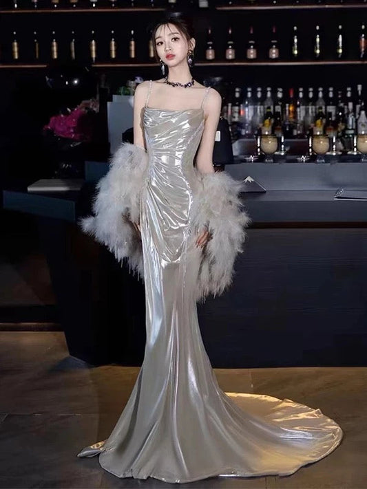 Sexy Women Mermaid Spaghetti Straps Silver Long Prom Gown Party Wear Fashion Dresses N1818