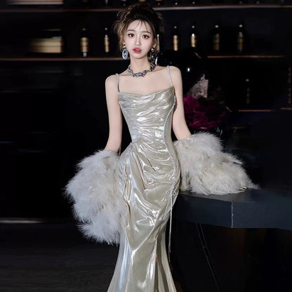Sexy Women Mermaid Spaghetti Straps Silver Long Prom Gown Party Wear Fashion Dresses N1818