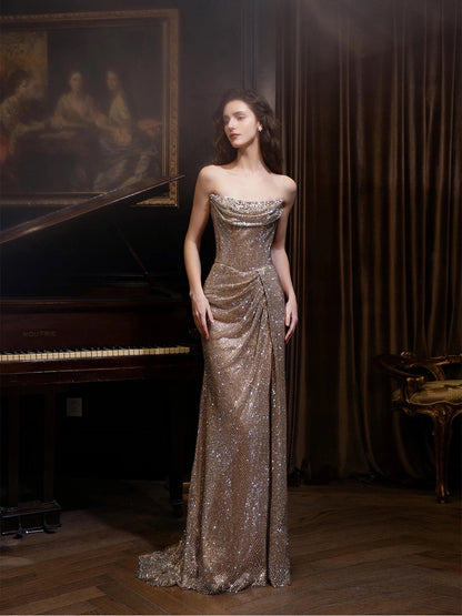 Sexy Evening Dresses Women Mermaid Strapless Champagne Slit Long Prom Gown Party Wear Fashion Dresses N1819