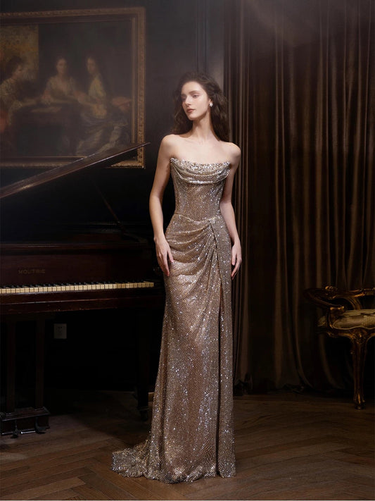 Sexy Evening Dresses Women Mermaid Strapless Champagne Slit Long Prom Gown Party Wear Fashion Dresses N1819