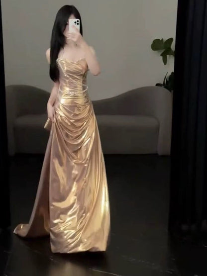 Sexy Evening Dresses Women Mermaid Strapless Gold Ruffles Long Prom Gown Party Wear Fashion Dresses N1821