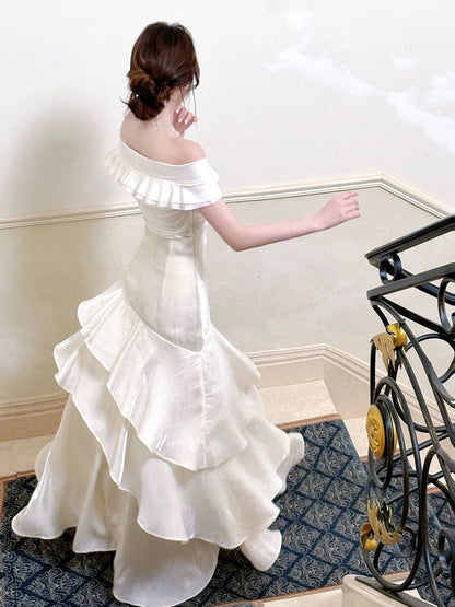 Classy Mermaid Off The Shoulder White With Short Sleeves Long Party Gowns Prom Dresses N2046