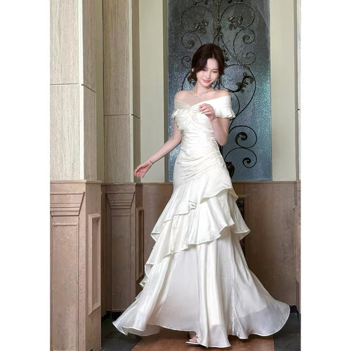 Classy Mermaid Off The Shoulder White With Short Sleeves Long Party Gowns Prom Dresses N2046