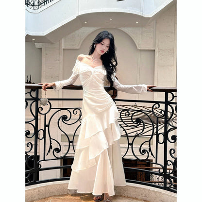 Classy Mermaid Off The Shoulder White With Short Sleeves Long Party Gowns Prom Dresses N2046
