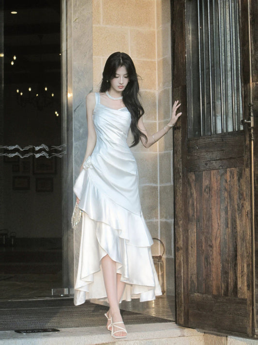 Simple Mermaid Square Neck With Ruffles Long Party Gowns Prom Dresses N2047