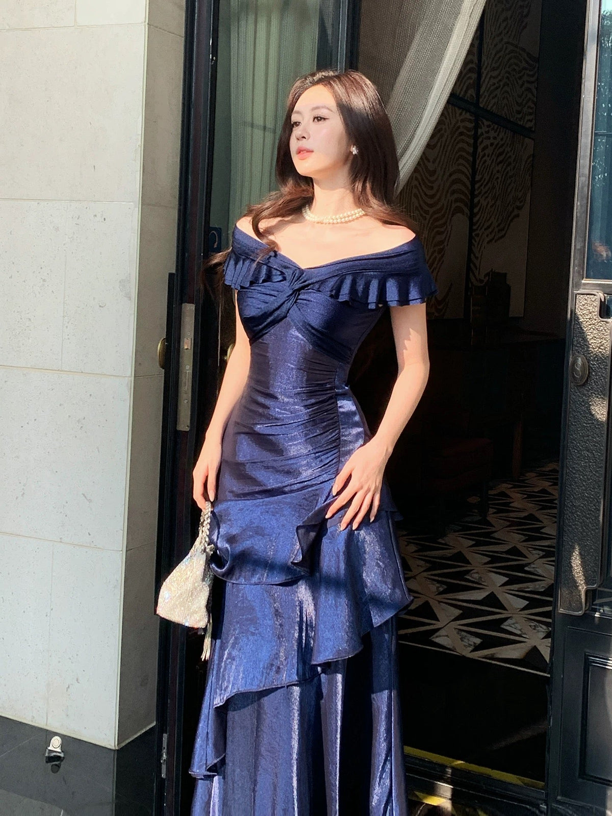 Classy Mermaid Off The Shoulder Royal Blue With Short Sleeves Long Party Gowns Prom Dresses N2050