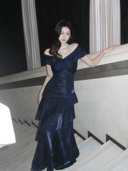 Classy Mermaid Off The Shoulder Royal Blue With Short Sleeves Long Formal Gowns Prom Dresses N2051