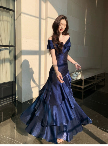 Classy Mermaid Off The Shoulder Royal Blue With Short Sleeves Long Formal Gowns Prom Dresses N2051
