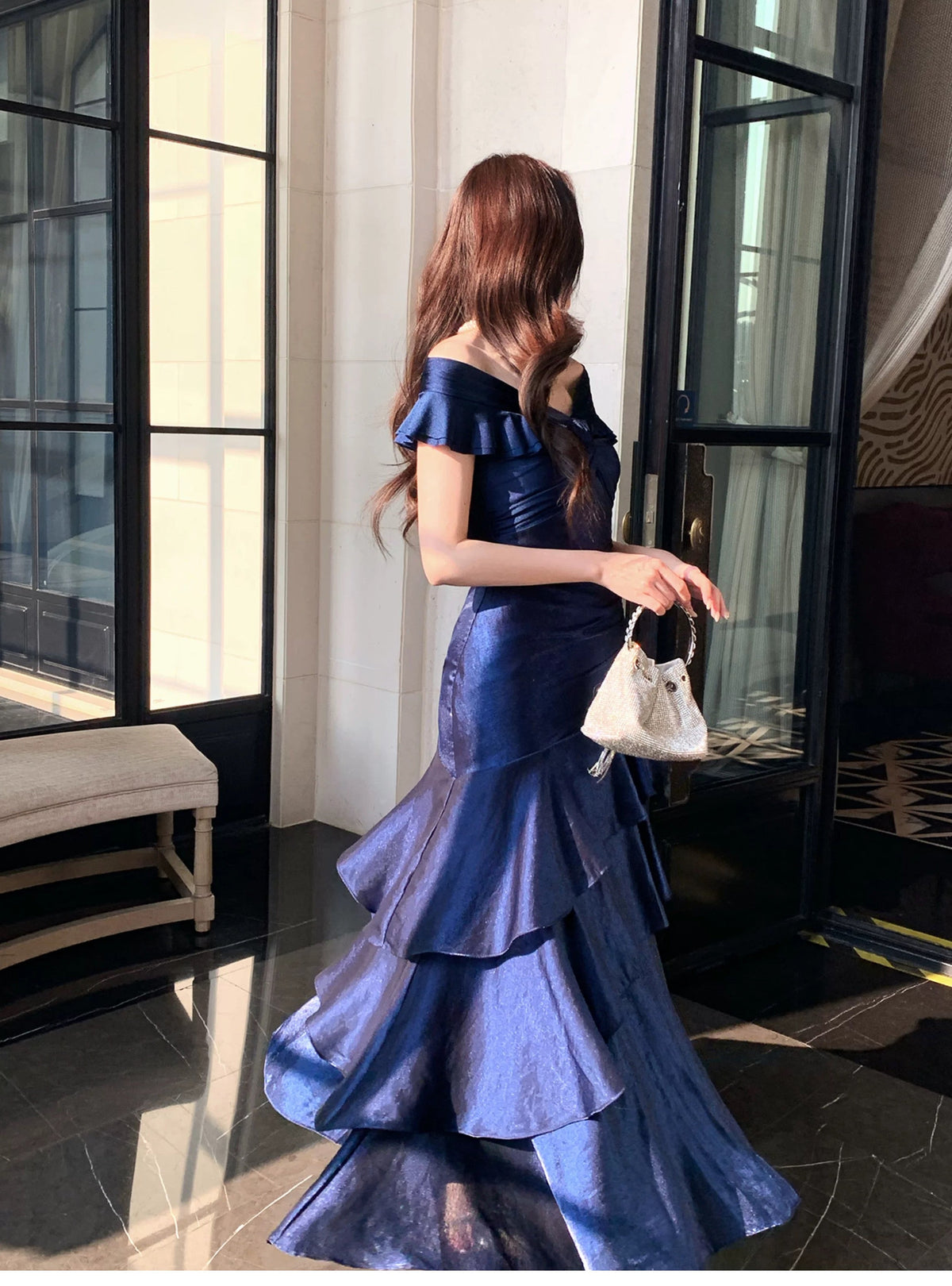 Classy Mermaid Off The Shoulder Royal Blue With Short Sleeves Long Formal Gowns Prom Dresses N2051