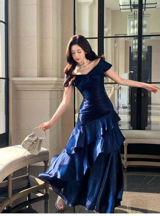 Classy Mermaid Off The Shoulder Royal Blue With Short Sleeves Long Formal Gowns Prom Dresses N2051