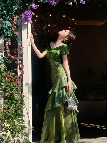 Classy Mermaid Off The Shoulder Dark Green With Short Sleeves Long Formal Gowns Prom Dresses N2066
