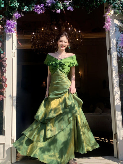 Classy Mermaid Off The Shoulder Dark Green With Short Sleeves Long Formal Gowns Prom Dresses N2066