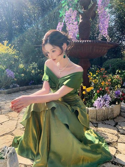 Classy Mermaid Off The Shoulder Dark Green With Short Sleeves Long Formal Gowns Prom Dresses N2066