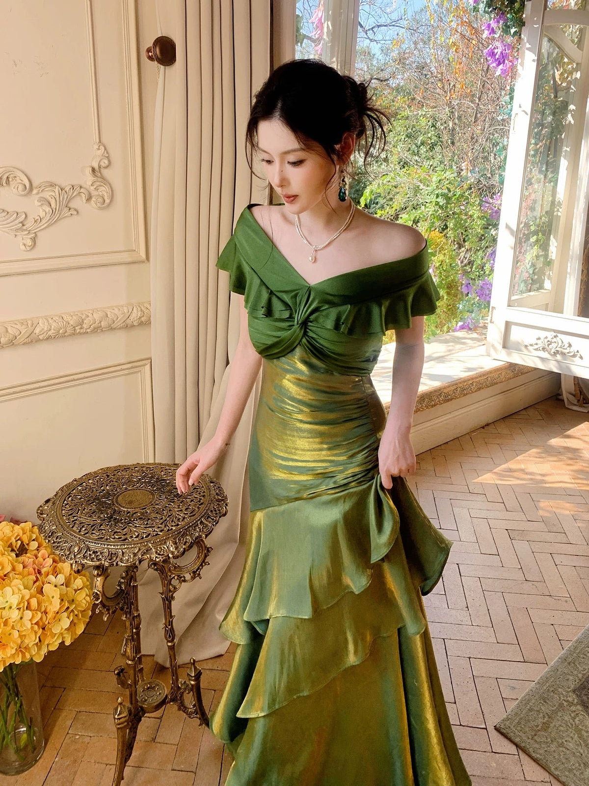 Classy Mermaid Off The Shoulder Dark Green With Short Sleeves Long Formal Gowns Prom Dresses N2066