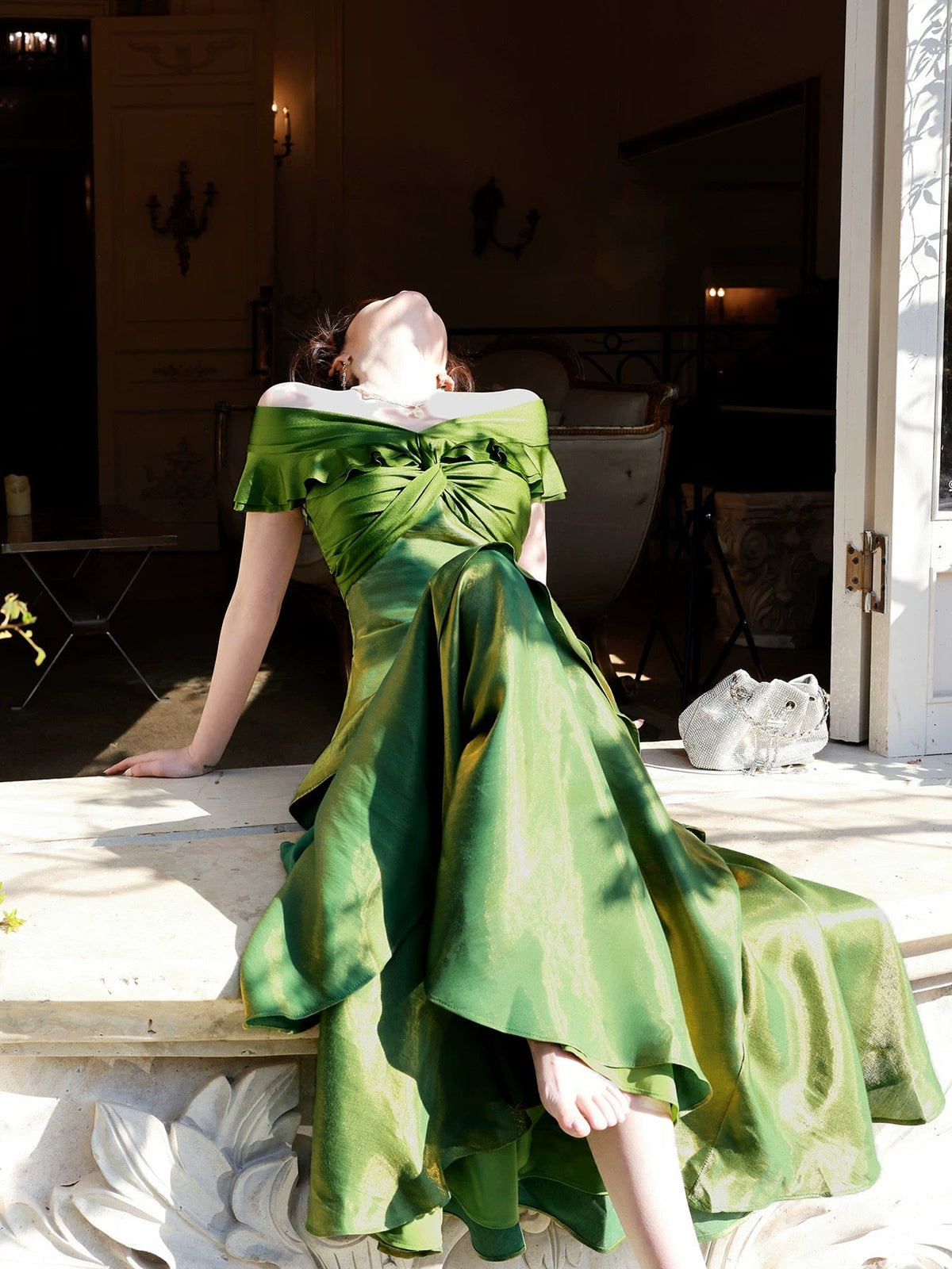 Classy Mermaid Off The Shoulder Dark Green With Short Sleeves Long Formal Gowns Prom Dresses N2066