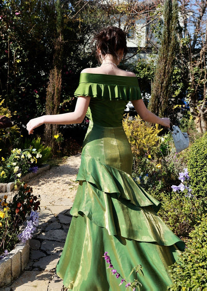 Classy Mermaid Off The Shoulder Dark Green With Short Sleeves Long Formal Gowns Prom Dresses N2066