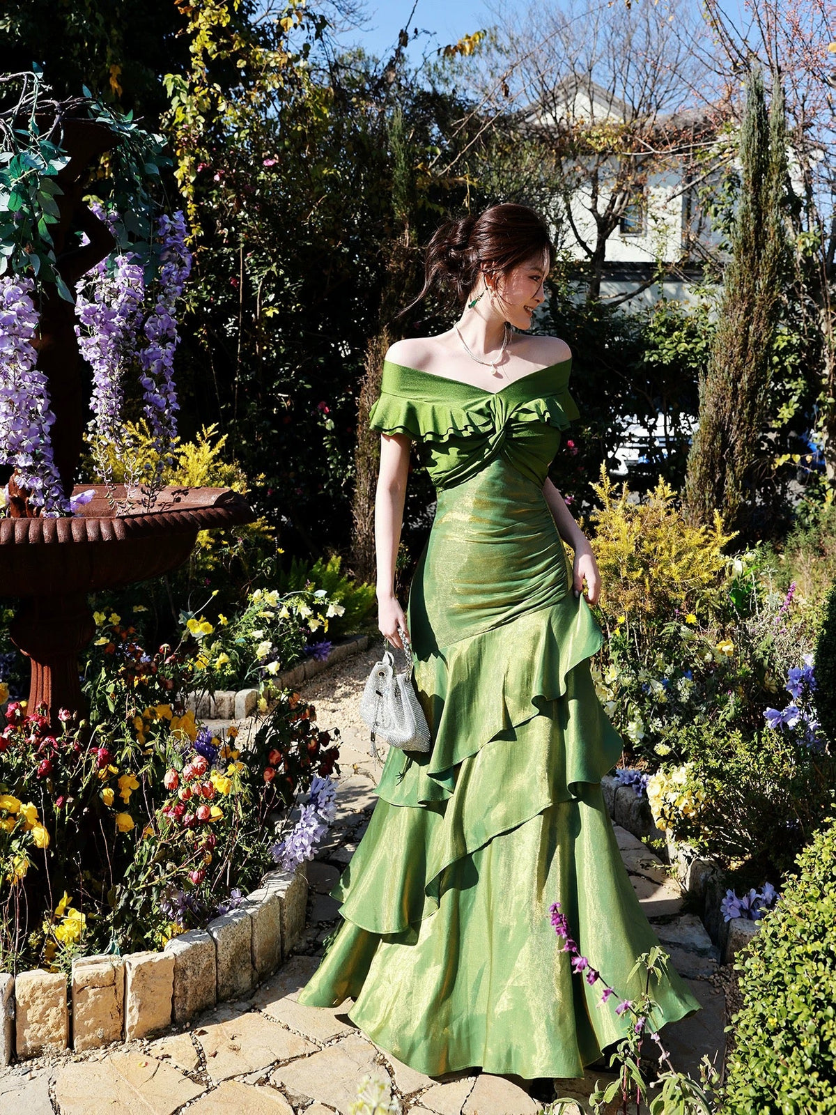 Classy Mermaid Off The Shoulder Dark Green With Short Sleeves Long Formal Gowns Prom Dresses N2066