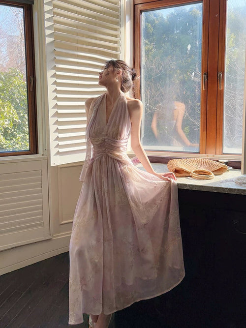 Modest French Style A Line Halter Lilac Chiffon Fashion Women Long Formal Outfits Prom Dresses N2069