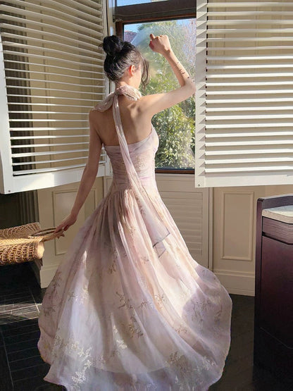 Modest French Style A Line Halter Lilac Chiffon Fashion Women Long Formal Outfits Prom Dresses N2069