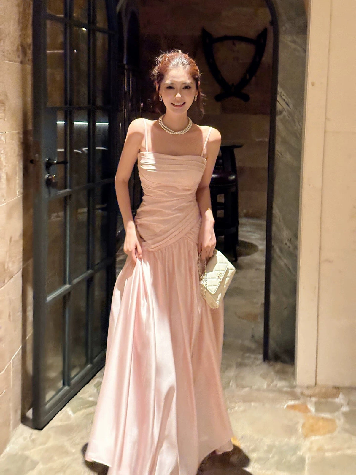 Modest French Style Mermaid Spaghetti Straps Pink Fashion Women Long Formal Outfits Prom Dresses N2074