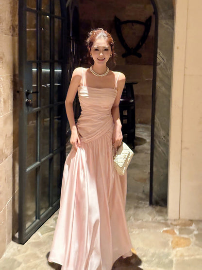 Modest French Style Mermaid Spaghetti Straps Pink Fashion Women Long Formal Outfits Prom Dresses N2074