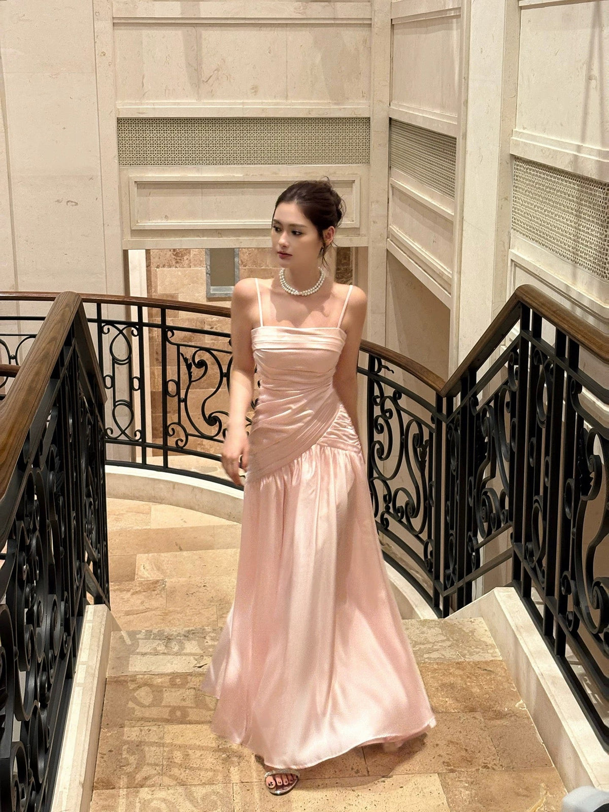 Modest French Style Mermaid Spaghetti Straps Pink Fashion Women Long Formal Outfits Prom Dresses N2074