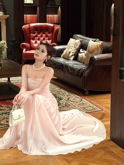 Modest French Style Mermaid Spaghetti Straps Pink Fashion Women Long Formal Outfits Prom Dresses N2074
